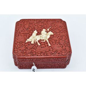 Cinnabar lidded box with inset carved bone decoration featuring&hellip;