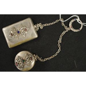 Decorative early silver plate chatelaine comprising a card case…