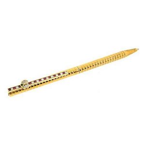 A Dupont 18ct gold diamond & gem set ball point pen; clip set…