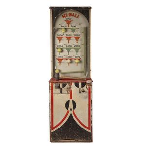 A vintage wooden hi-ball machine with hammer, C. 1930, original…