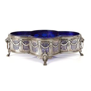A fine blue glass and WMF German silver plated table trough, of…
