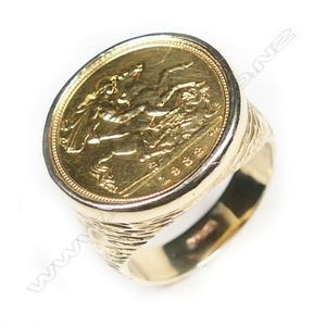 1982 Half Sovereign in 9ct Gold Bark Ring - Rings - Jewellery