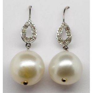 10k White Gold Earrings with Pearl, Diamond & Shepherd Hooks - Earrings ...