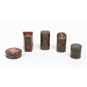 A collection of five Tartanware needle and other containers,…