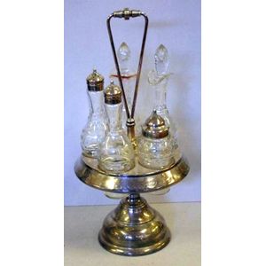 Victorian silver plated 5 piece cruet set, 39 cm high approx.
