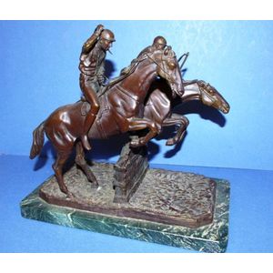 French bronze sculpture of 2 steeplechasers, mounted on a green…