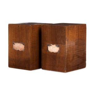 A pair of jarrah bookends with rose gold plaques engraved 'The…