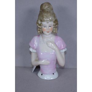 Vintage ceramic half doll in period pink dress, unmarked,…