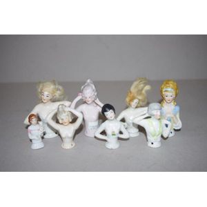 Eight various vintage German half dolls, height 8 cm (tallest)