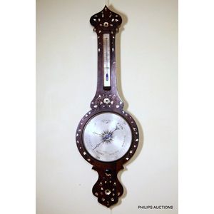 A Victorian rosewood and mother-of-pearl banjo barometer, circa…
