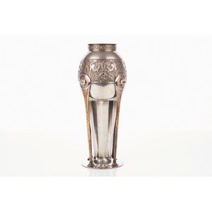 WMF, Viking revival silver plated vase, C. 1910, body decorated…