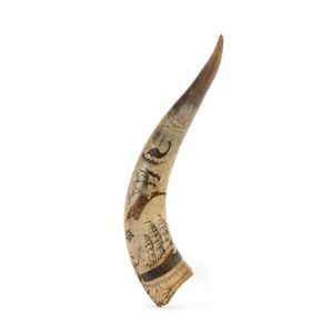A Scrimshaw horn decorated with emu, black swan and sailing…
