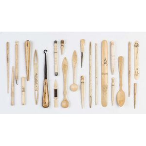 A collection of whalebone implements, bodkins, needle cases,…