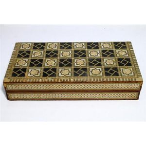 A Moorish inlaid mother of pearl and ivory backgammon board, 43…