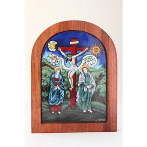 Framed enamel religious icon, by Kamilla Szakos, of arched form,…