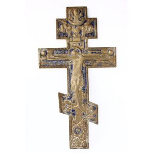 Continental bronze and enamel crucifix, decorated with figures…