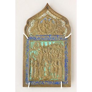 Continental cast and enamel religious icon, of ogee form,…