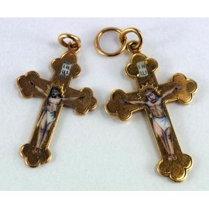 Two Russian 14ct gold & enamel crucifix, largest 4 cm high.…