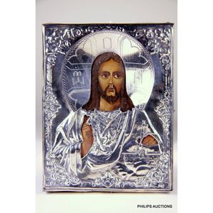 An icon of Christ with a silver plated oklad, 20th century, a…