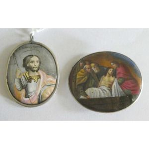 Two antique Russian small silver enamel icons one oval pendant…