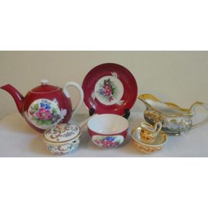 Antique Russian Popov teapot, cup & saucer dark red ground with…