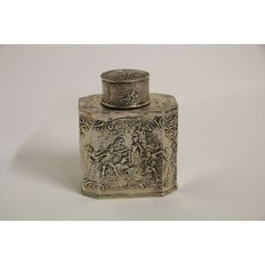 A Continental silver tea caddy having embossed dancing figures…