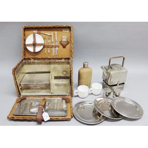 Art Deco cane picnic basket with silver plate, flask, tea urn,…