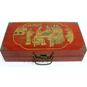 A Chinese chess set in red lacquer Carry case with metal…