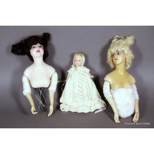 Two wax half Boudoir dolls and a vintage porcelain baby doll,…