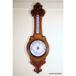 An oak 'Ellery's Indications' aneroid banjo barometer, later…