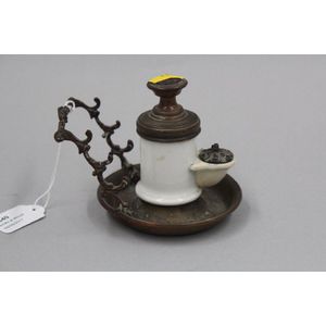 Antique French bronze inkstand with white glazed pottery inkpot,…
