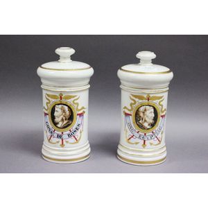 Pair of antique French chemist bottles, depicting Hypocrites,…