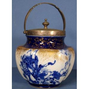 Antique Burslem blue and white biscuit barrell, with silver…