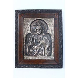 European icon, in pressed metal, depicting Christ with one hand…