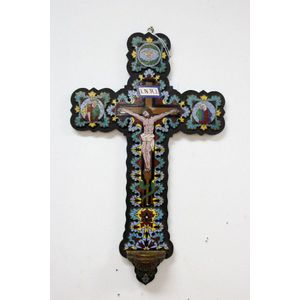 Antique French champleve enamel on ebonized wood backing…