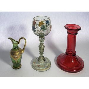 A collection of Bohemian glass including chalice & candlestick,…