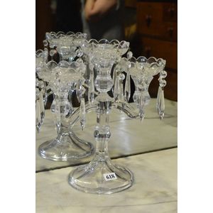Crystal table top candelabra, three branch with crystal droplets