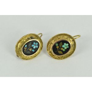 Antique 14ct Gold Pietra Dura Earrings - 5.6g - Earrings - Jewellery