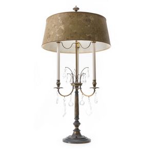 A decorative brass table lamp, with applied lustre drops…