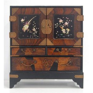 A miniature two door Japanese cabinet with inlaid wood & copper…