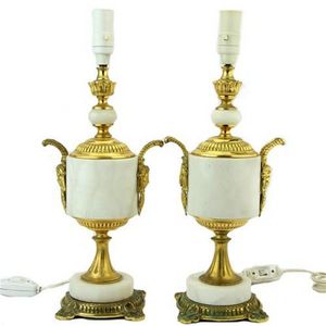 French gilded bronze & alabaster pair of bedside lamps with…