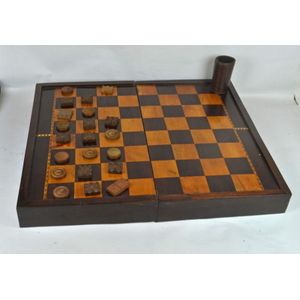 A Victorian rosewood & satinwood chess / backgammon board late…
