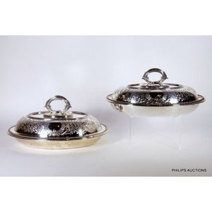 Two matching late Victorian silver plated vegetable tureens,…