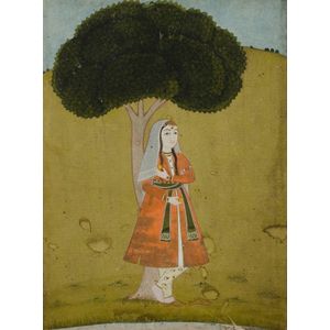 Mogul miniature painting. Delicate painting of a lady standing…