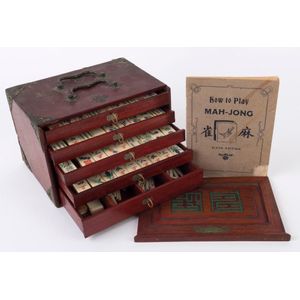 Lot - Antique c. 1920 Chinese Bovine Bone & Bamboo Dovetailed Mahjong Set  w/ Wooden 5 Drawer Case