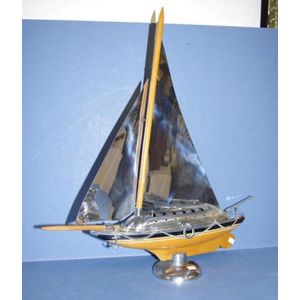 Vintage chrome & wood model yacht, wood hull & mast, with…