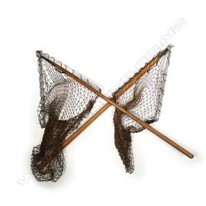 A pair of vintage English trout fishing landing nets, hardwood…