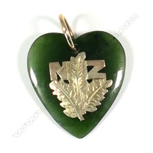An 'NZ' 9ct gold and pounamu heart pendant, medium/small size.…