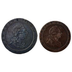 Two George III Cartwheel coins (1797), 2 pence and a penny…