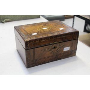 Antique Tunbridge work box with a mother of pearl cartouche, 15…